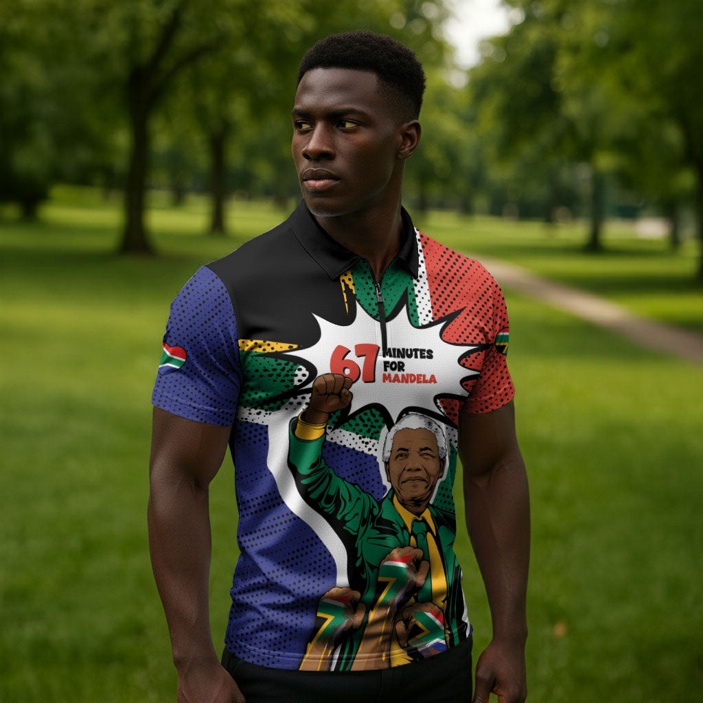 Nelson Mandela Birthday Zipper Polo Shirt 67 Minutes South Africa Flag Comic