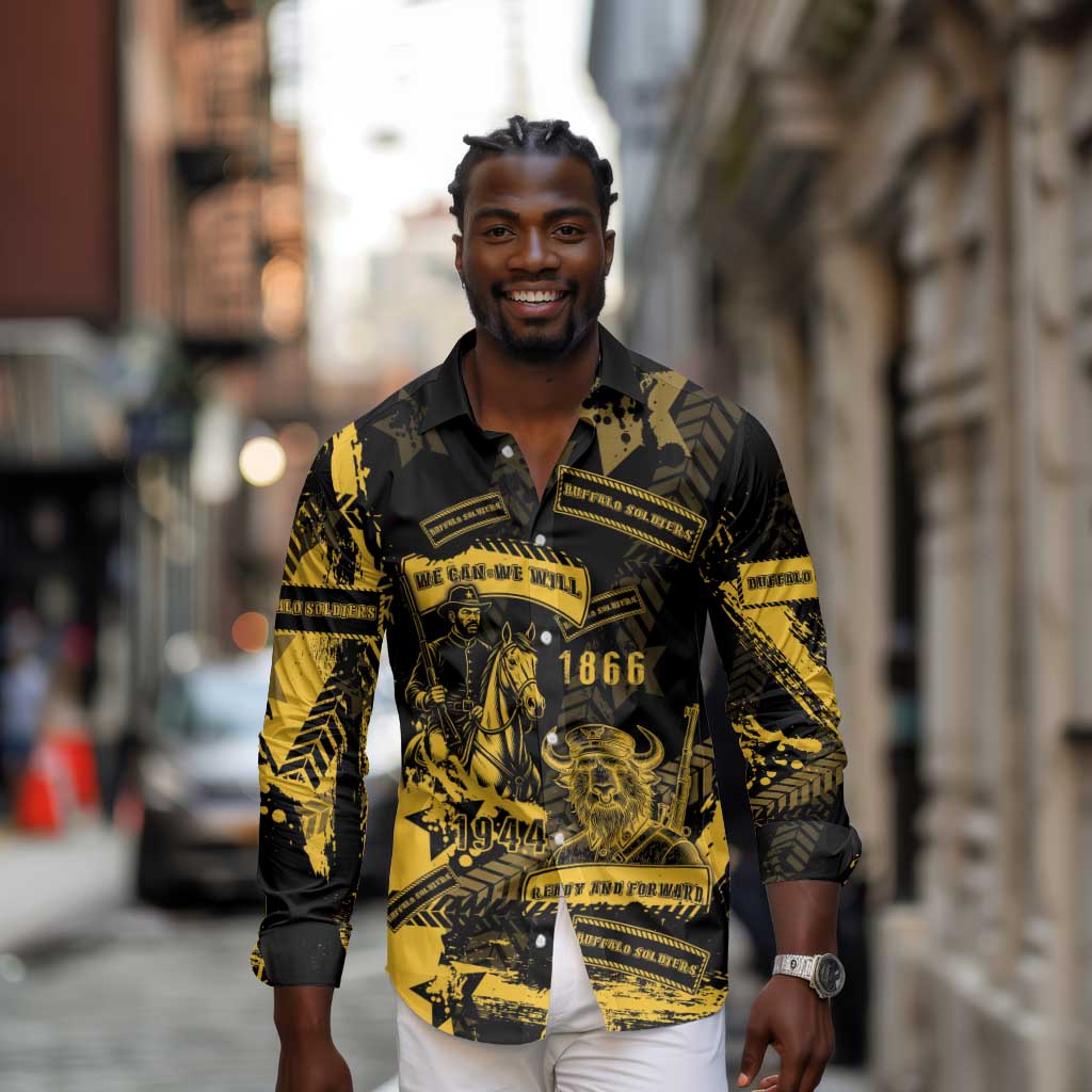 Buffalo Soldiers African American Long Sleeve Button Shirt Military Urban Retro Style - African Pride