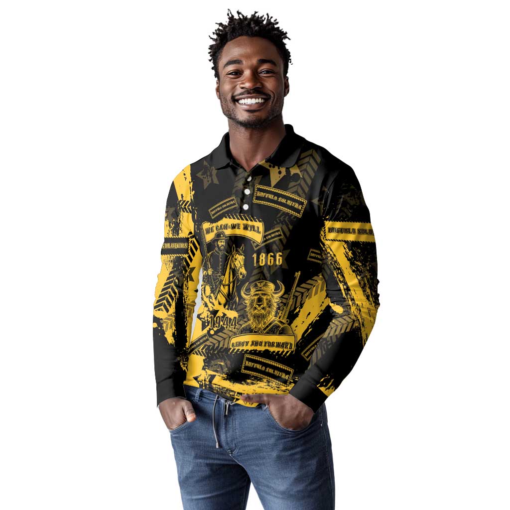 Buffalo Soldiers African American Long Sleeve Polo Shirt Military Urban Retro Style - African Pride