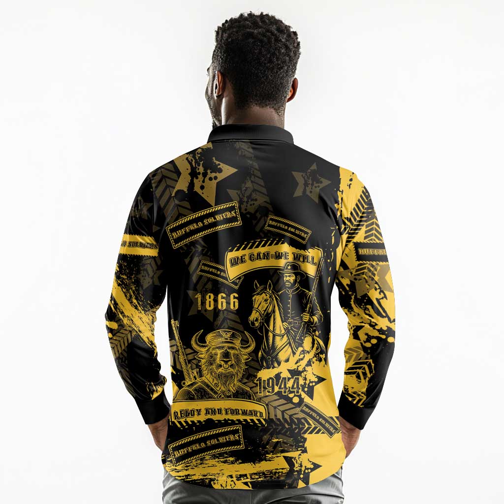 Buffalo Soldiers African American Long Sleeve Polo Shirt Military Urban Retro Style - African Pride