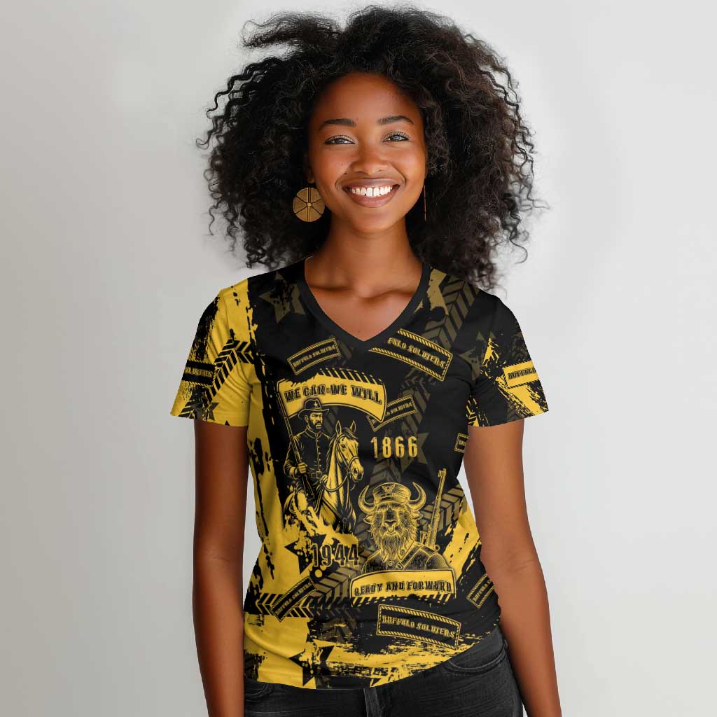 Buffalo Soldiers African American Women V-Neck T-Shirt Military Urban Retro Style - African Pride