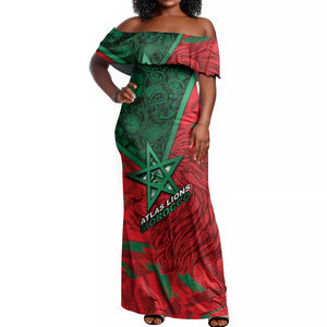 Custom Morocco Football Off Shoulder Maxi Dress Pentagram Red Lion African