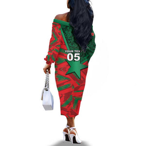 Custom Morocco Football Off The Shoulder Long Sleeve Dress Pentagram Red Lion African