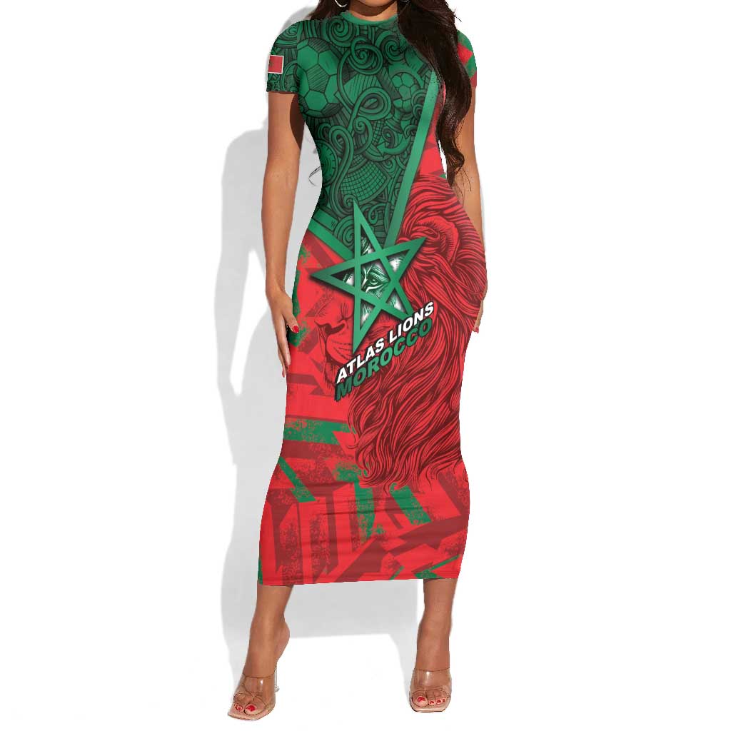 Custom Morocco Football Short Sleeve Bodycon Dress Pentagram Red Lion African