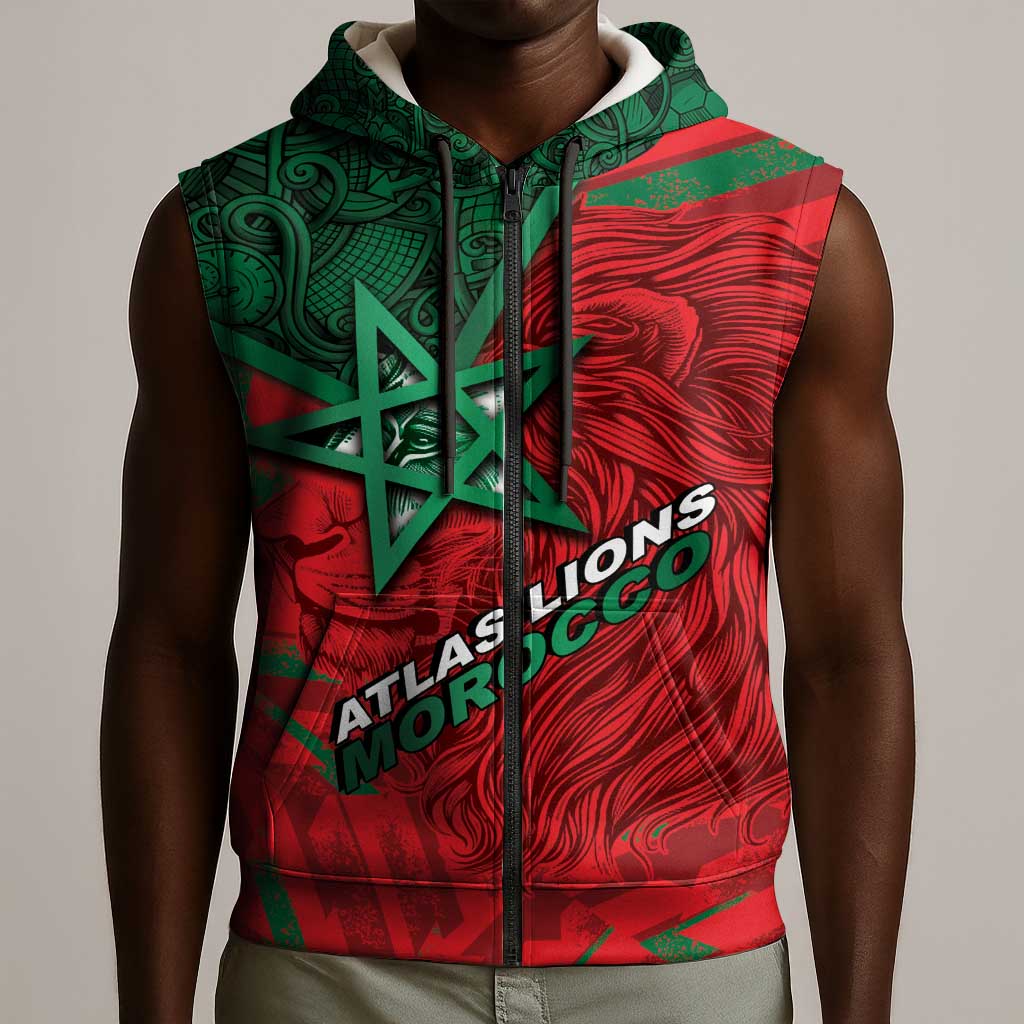 Custom Morocco Football Sleeveless Zip Hoodie Pentagram Red Lion African