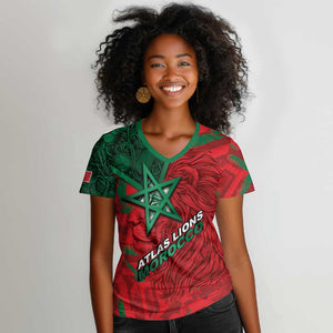 Custom Morocco Football Women V-Neck T-Shirt Pentagram Red Lion African