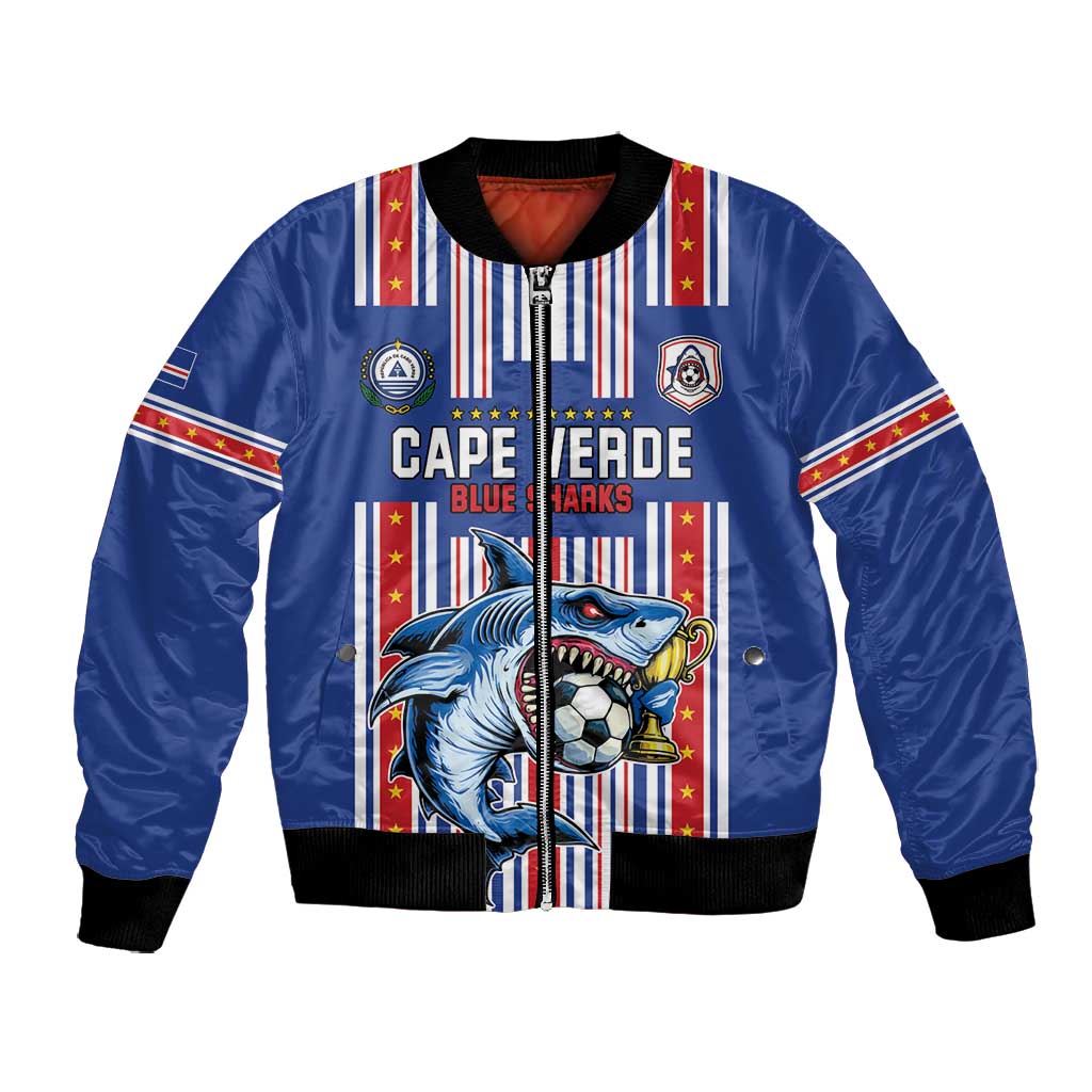 Custom Cape Verde Football Bomber Jacket Monster Blue Shark Striped Style