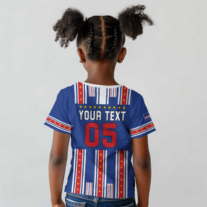 Custom Cape Verde Football Kid T shirt Monster Blue Shark Striped Style