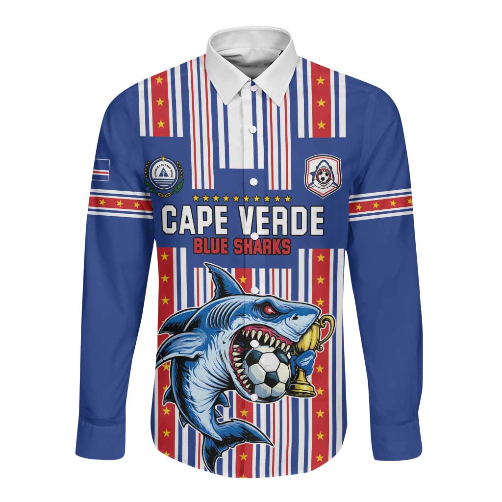 Custom Cape Verde Football Long Sleeve Button Shirt Monster Blue Shark Striped Style