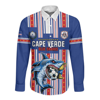 Custom Cape Verde Football Long Sleeve Button Shirt Monster Blue Shark Striped Style