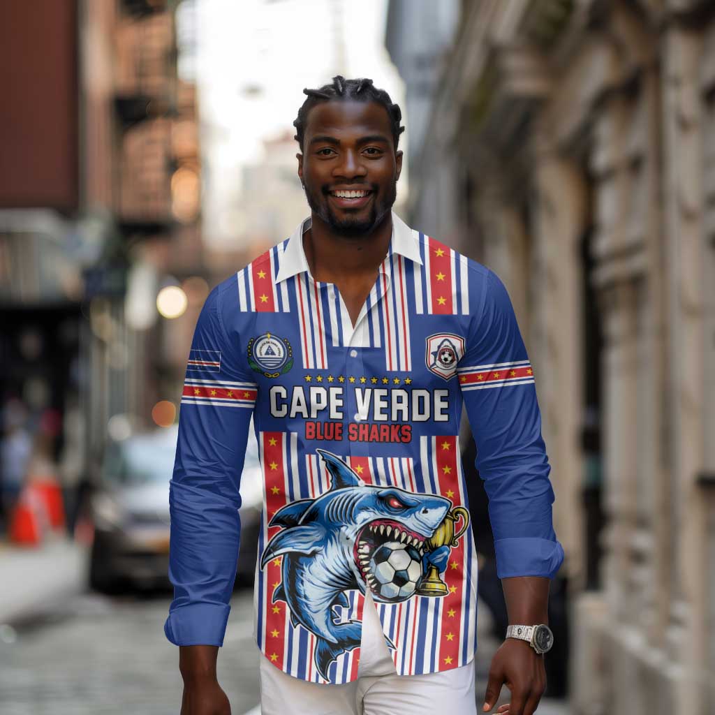 Custom Cape Verde Football Long Sleeve Button Shirt Monster Blue Shark Striped Style