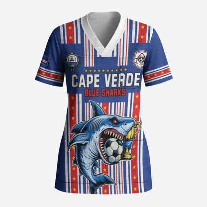 Custom Cape Verde Football Scrub Top Monster Blue Shark Striped Style