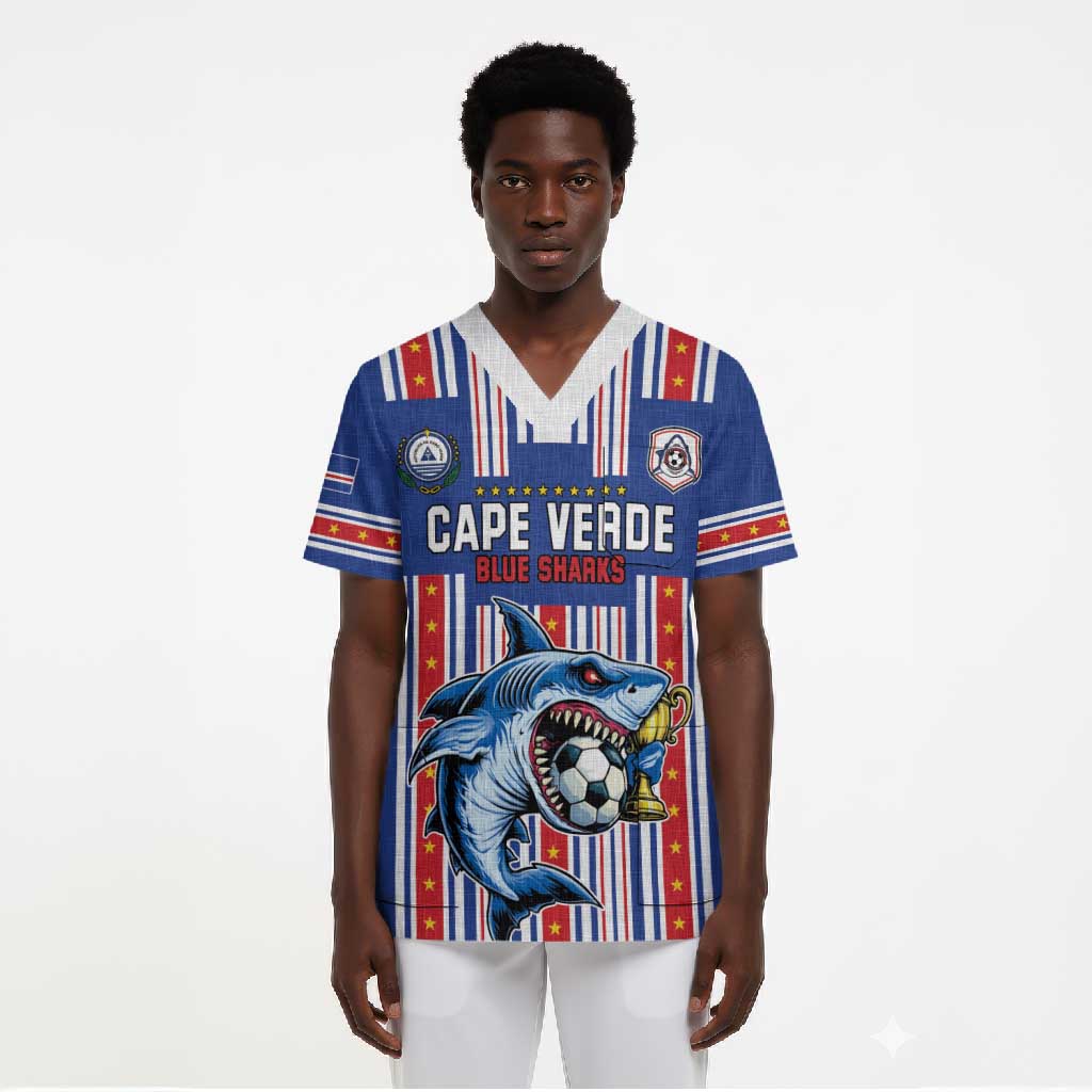 Custom Cape Verde Football Scrub Top Monster Blue Shark Striped Style