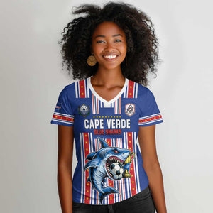 Custom Cape Verde Football Women V-Neck T-Shirt Monster Blue Shark Striped Style