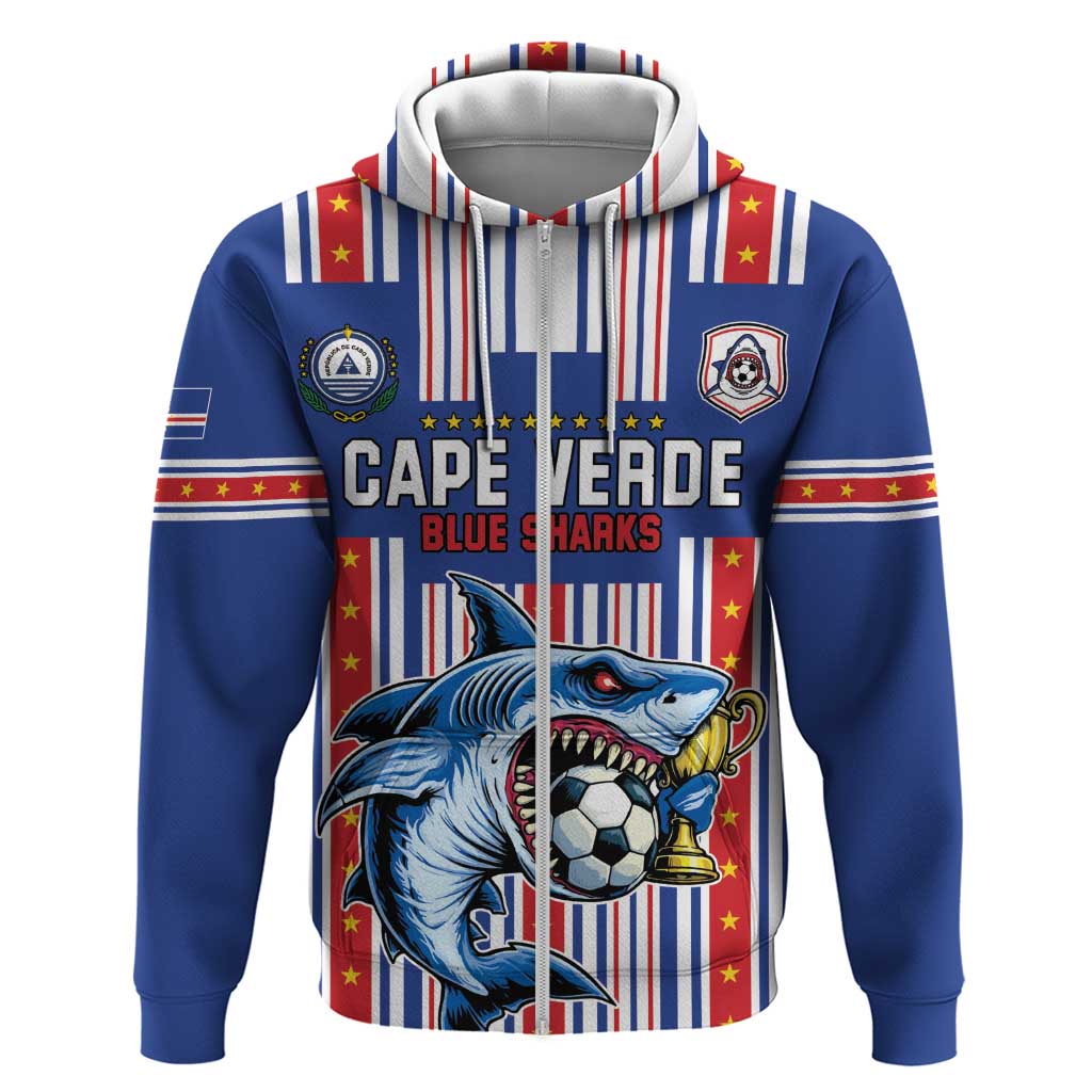Custom Cape Verde Football Zip Hoodie Monster Blue Shark Striped Style