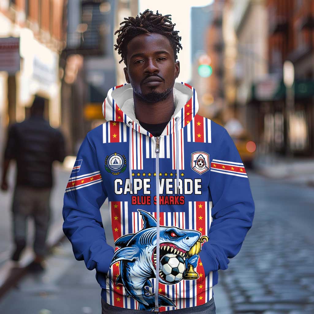 Custom Cape Verde Football Zip Hoodie Monster Blue Shark Striped Style