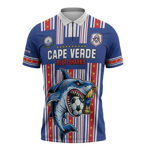Custom Cape Verde Football Zipper Polo Shirt Monster Blue Shark Striped Style