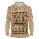 Black Cowboy Long Sleeve Polo Shirt African American Black History Western Grunge - African Pride