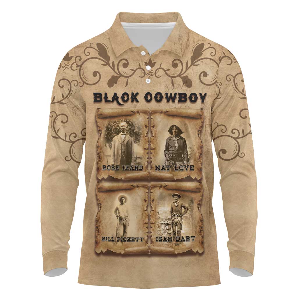 Black Cowboy Long Sleeve Polo Shirt African American Black History Western Grunge - African Pride