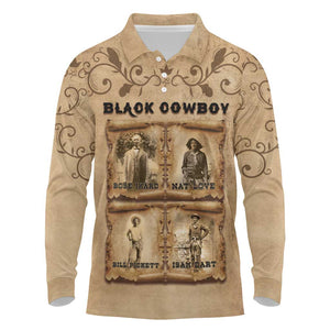 Black Cowboy Long Sleeve Polo Shirt African American Black History Western Grunge - African Pride