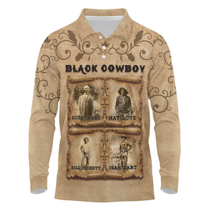 Black Cowboy Long Sleeve Polo Shirt African American Black History Western Grunge - African Pride