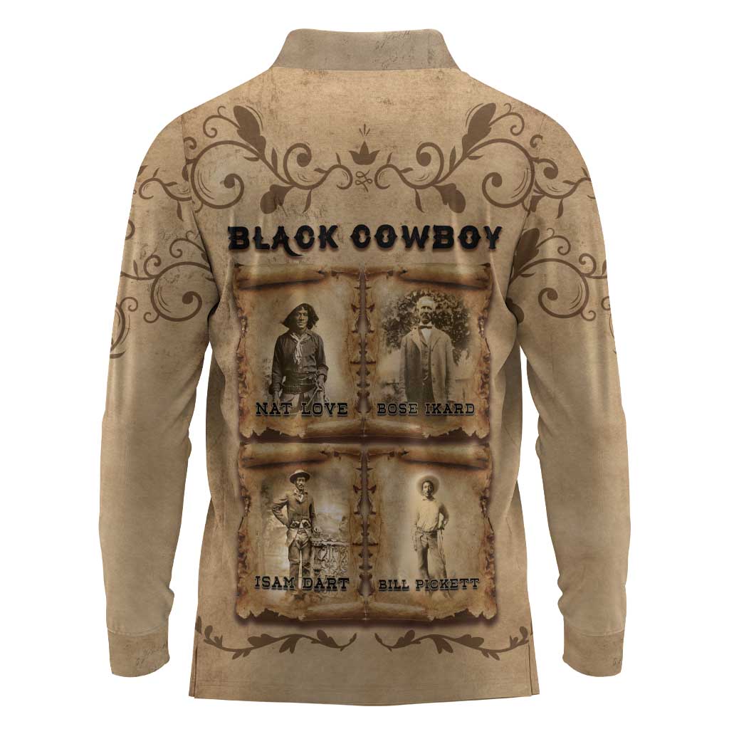 Black Cowboy Long Sleeve Polo Shirt African American Black History Western Grunge - African Pride