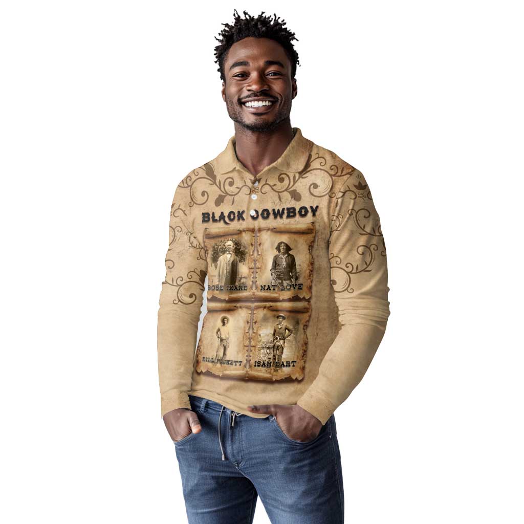 Black Cowboy Long Sleeve Polo Shirt African American Black History Western Grunge - African Pride