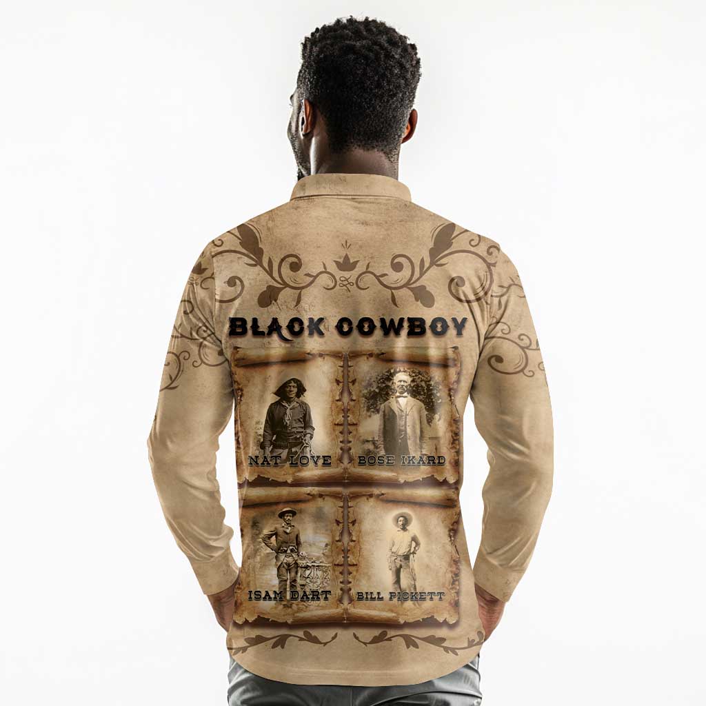 Black Cowboy Long Sleeve Polo Shirt African American Black History Western Grunge - African Pride