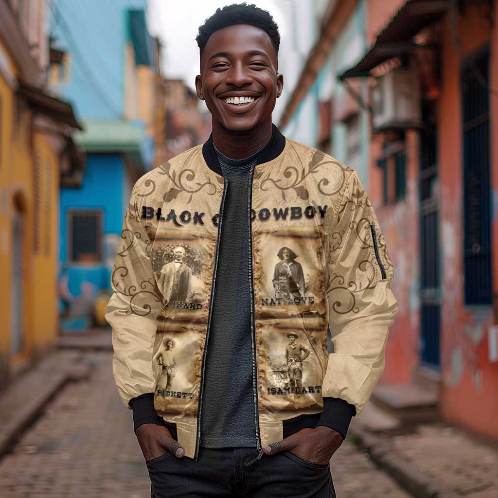 Black Cowboy Sleeve Zip Bomber Jacket African American Black History Western Grunge - African Pride