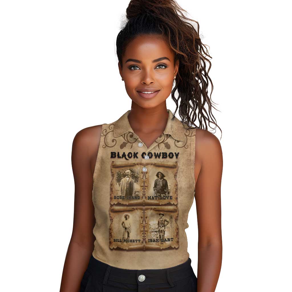 Black Cowboy Women Sleeveless Polo Shirt African American Black History Western Grunge - African Pride