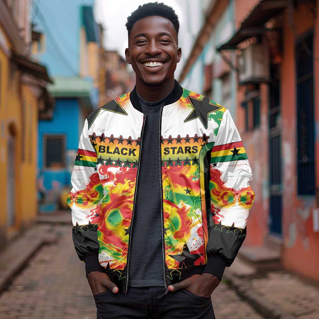 Custom Ghana Football Bomber Jacket African Pride Flag Colors Flame