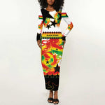Custom Ghana Football Long Sleeve Bodycon Dress African Pride Flag Colors Flame