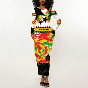 Custom Ghana Football Long Sleeve Bodycon Dress African Pride Flag Colors Flame