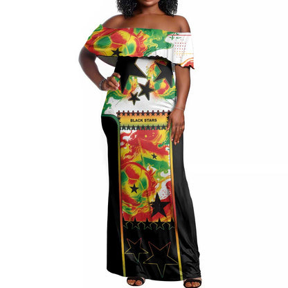 Custom Ghana Football Off Shoulder Maxi Dress African Pride Flag Colors Flame