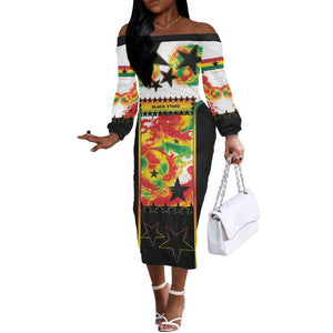 Custom Ghana Football Off The Shoulder Long Sleeve Dress African Pride Flag Colors Flame