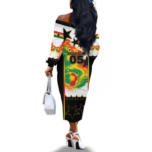 Custom Ghana Football Off The Shoulder Long Sleeve Dress African Pride Flag Colors Flame
