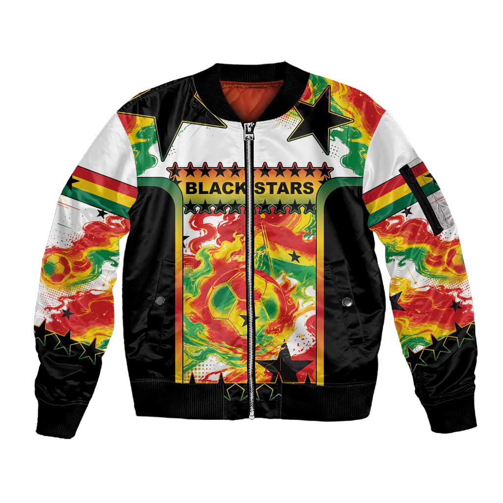 Custom Ghana Football Sleeve Zip Bomber Jacket African Pride Flag Colors Flame