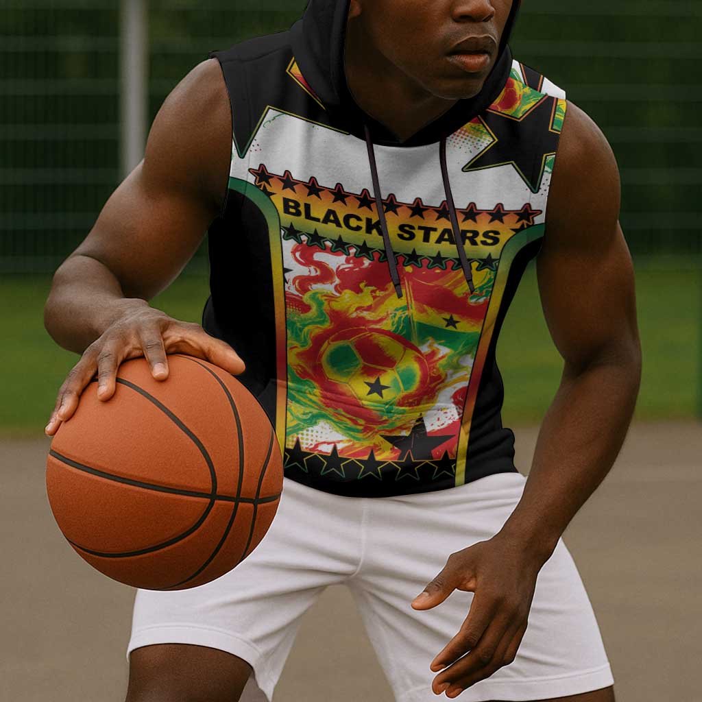 Custom Ghana Football Sleeveless Hoodie African Pride Flag Colors Flame