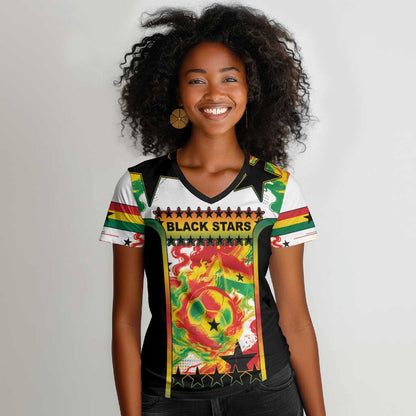 Custom Ghana Football Women V-Neck T-Shirt African Pride Flag Colors Flame