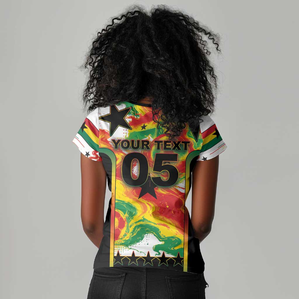 Custom Ghana Football Women V-Neck T-Shirt African Pride Flag Colors Flame