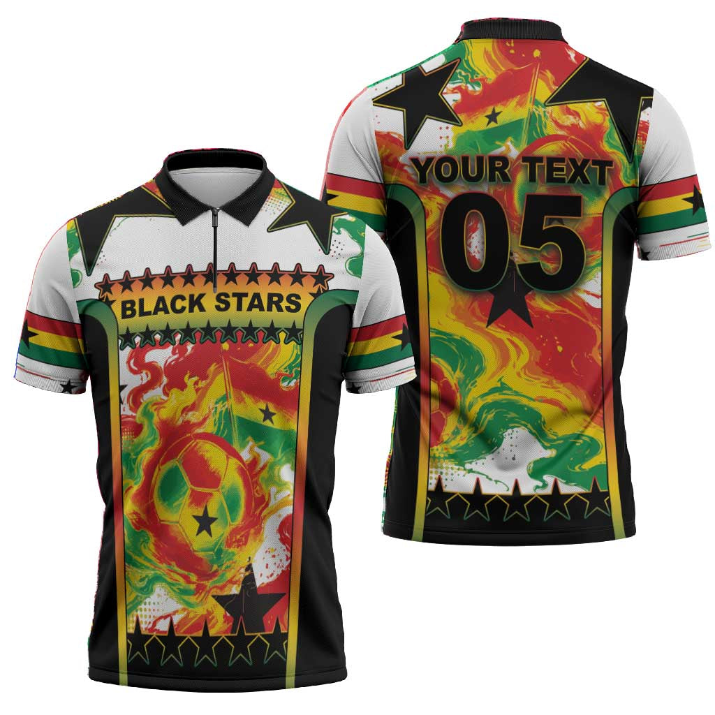 Custom Ghana Football Zipper Polo Shirt African Pride Flag Colors Flame