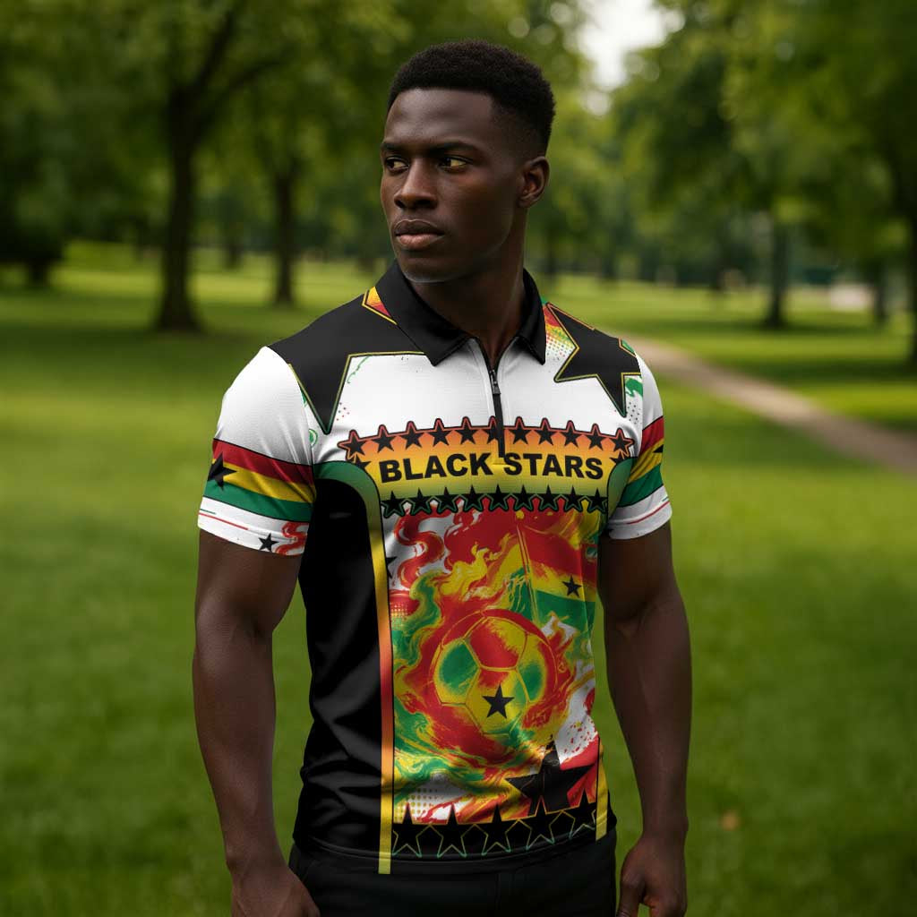 Custom Ghana Football Zipper Polo Shirt African Pride Flag Colors Flame