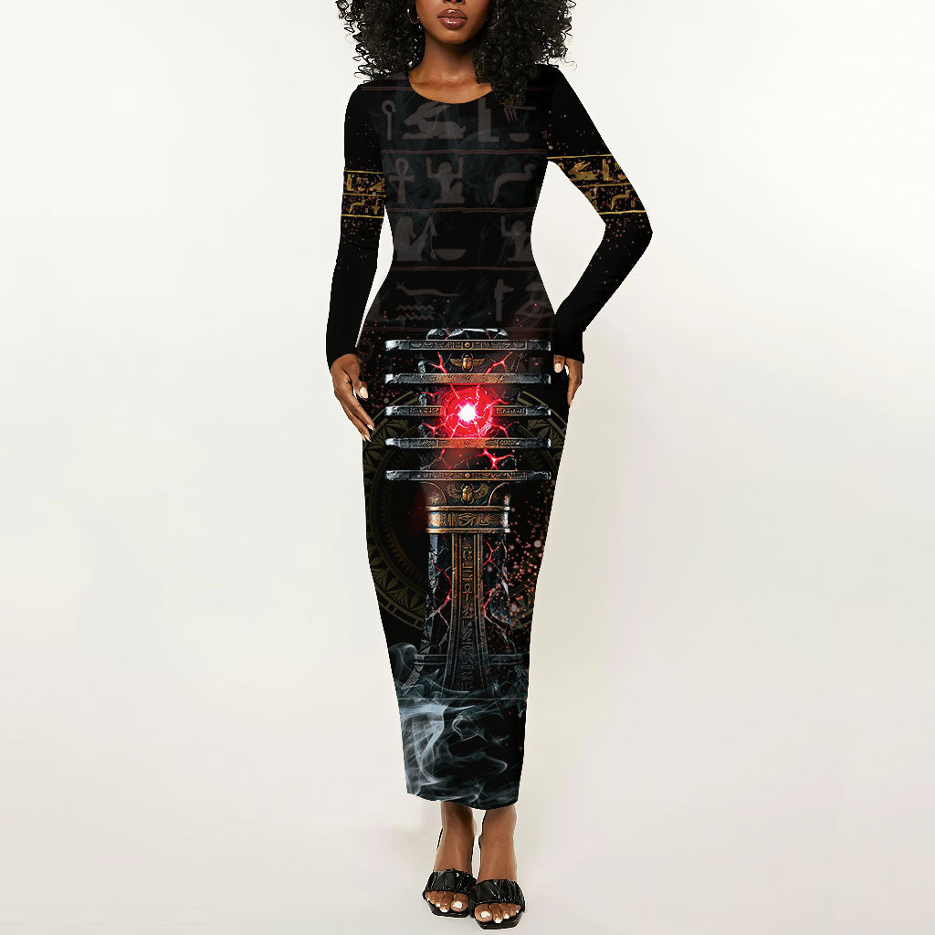 Egypt Djed Long Sleeve Bodycon Dress Glow Smoky Dark Style