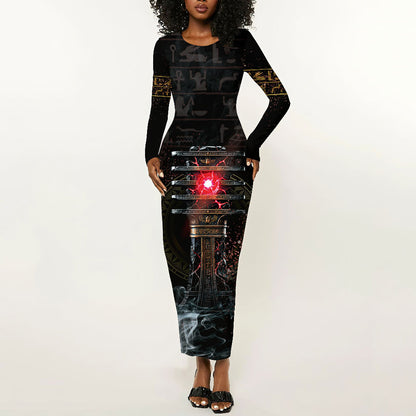 Egypt Djed Long Sleeve Bodycon Dress Glow Smoky Dark Style