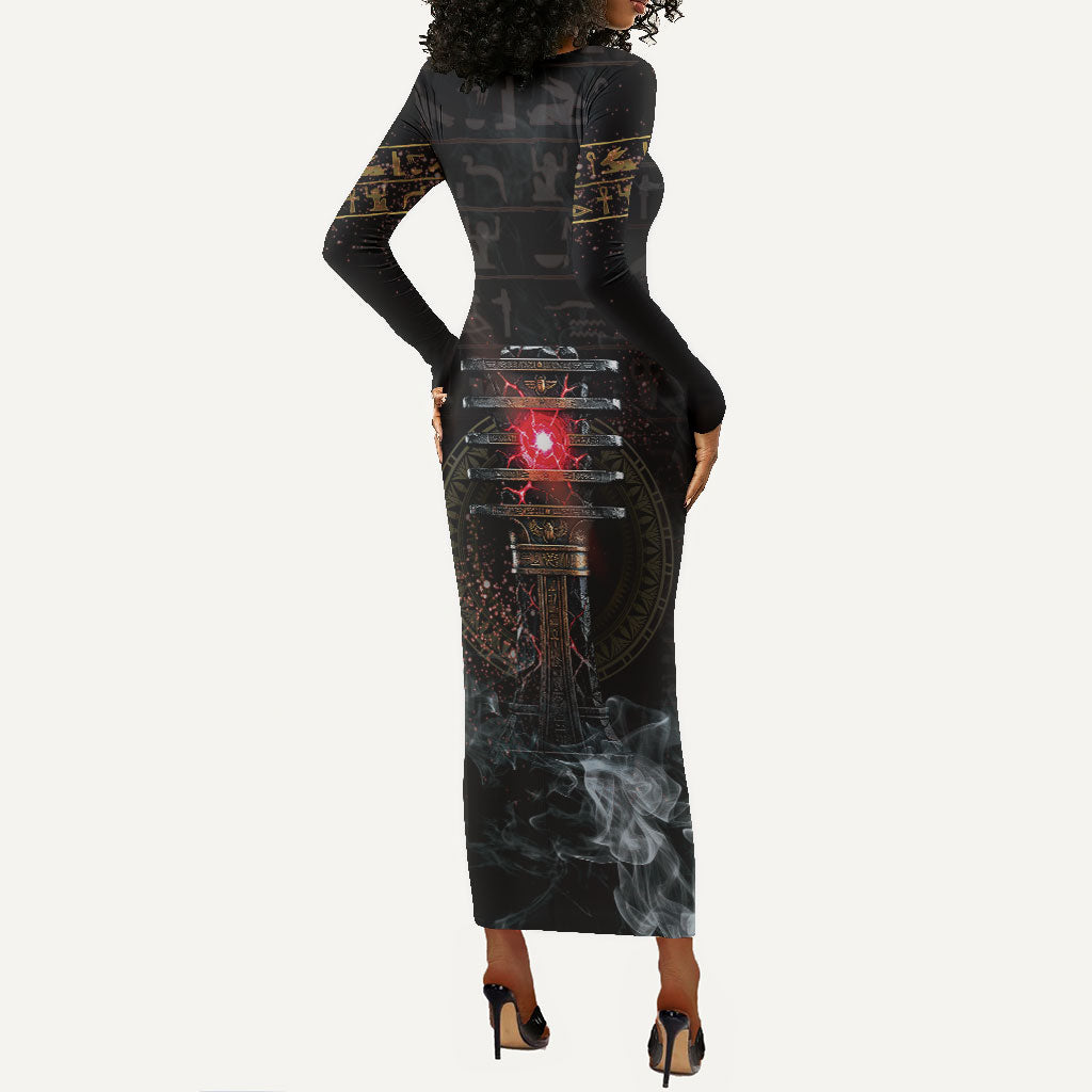 Egypt Djed Long Sleeve Bodycon Dress Glow Smoky Dark Style