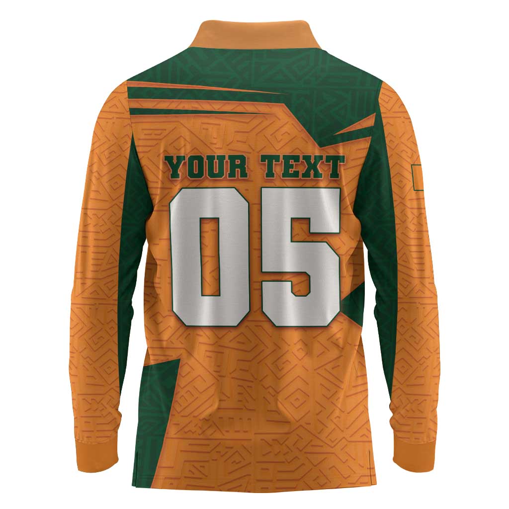 Custom Ivory Coast Football Long Sleeve Polo Shirt Elephant Geometric African Art Style