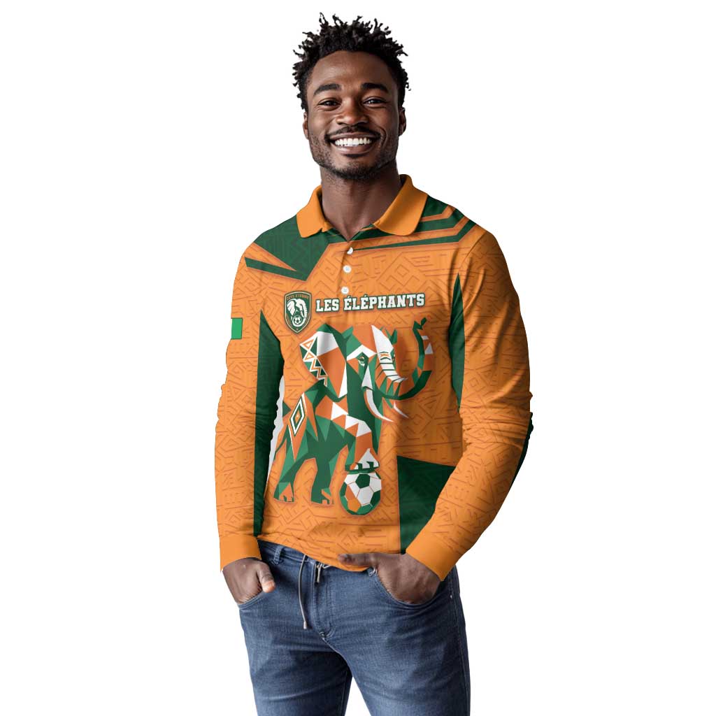 Custom Ivory Coast Football Long Sleeve Polo Shirt Elephant Geometric African Art Style
