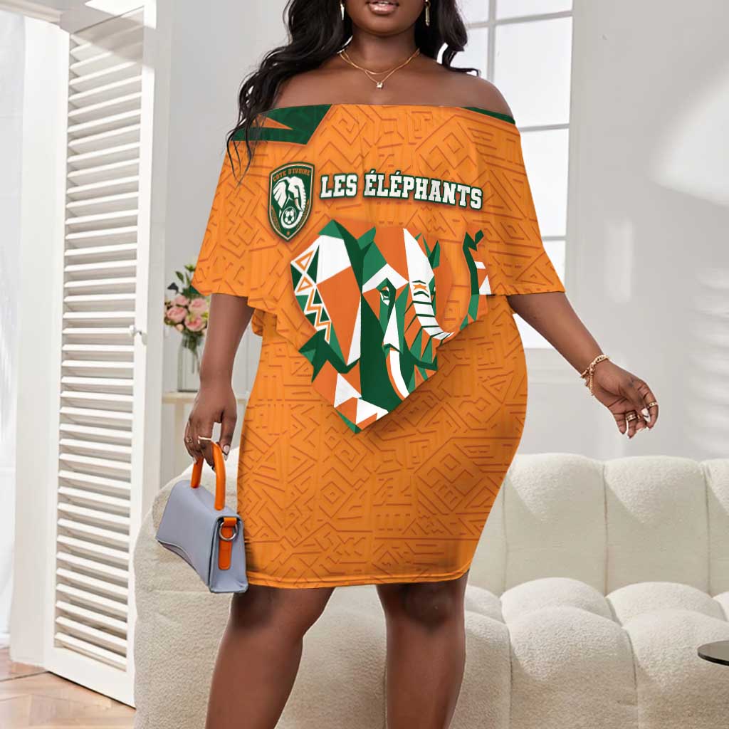 Custom Ivory Coast Football Off Shoulder Short Dress Elephant Geometric African Art Style