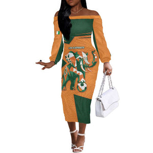 Custom Ivory Coast Football Off The Shoulder Long Sleeve Dress Elephant Geometric African Art Style