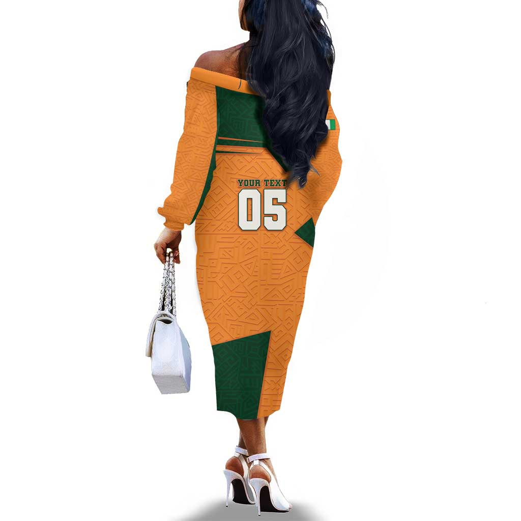 Custom Ivory Coast Football Off The Shoulder Long Sleeve Dress Elephant Geometric African Art Style